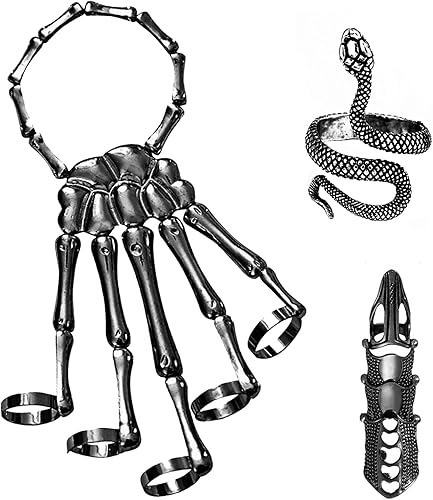 Pulsera de mano de esqueleto, decoración de Halloween, diseño de calavera, manos de esqueleto con serpiente, anillos de dedo completo para mujeres y
