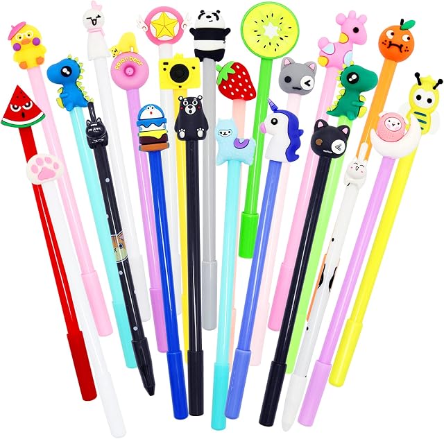 Uooker Cute Cartoon Gel Pens, 24 Pcs Novelty Animal Black Ink Writing Pens, Assorted Style Handwriting Pens, Kawaii School Stationery for Girls Kids Boys Birthday Present School Prize Student Gift