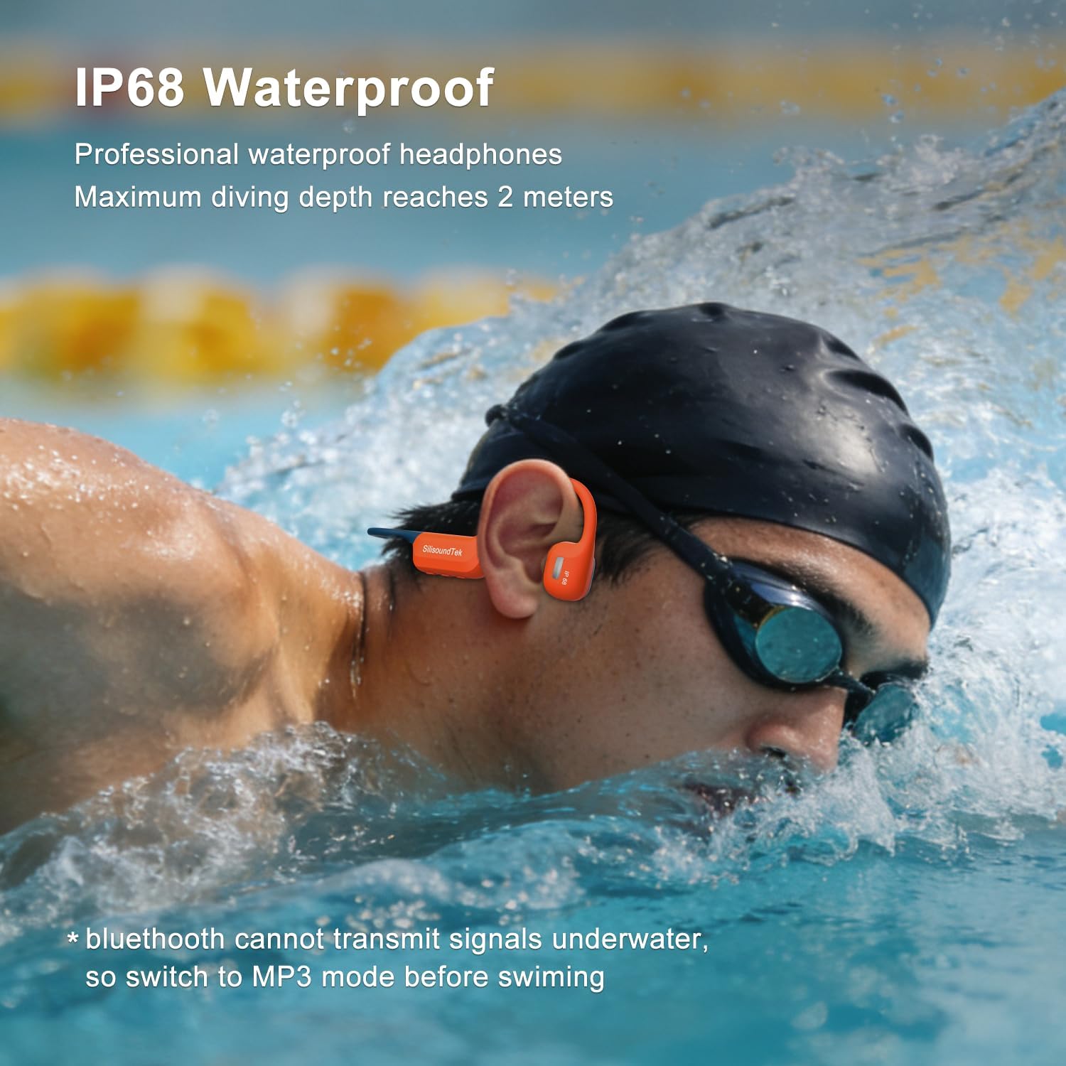 6.0 Bluetooth Swimming Headphones, IP68 Waterproof Bone Conduction Headphones, Liquid Silicone Wireless Open Ear Headphones, Built-in 32GB MP3 Player Underwater Headphone for Running(Orange-gray) - Image 3