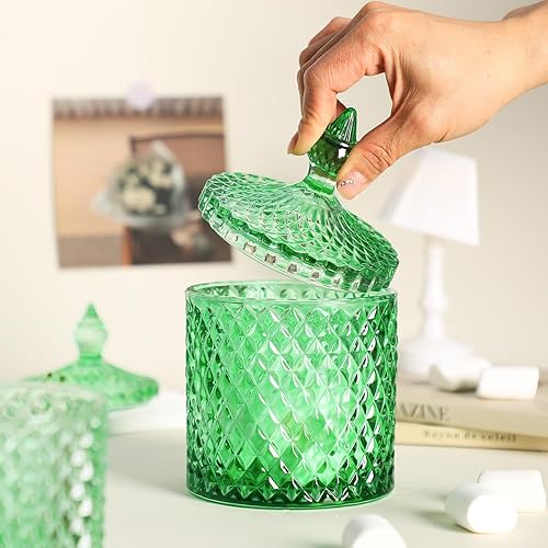 Miniatura 5 de Sizikato Tarro de cristal facetado de diamante con tapa, tarro decorativo verde de 18 onzas, tarro de nuez, frasco de almacenamiento de frutas secas.