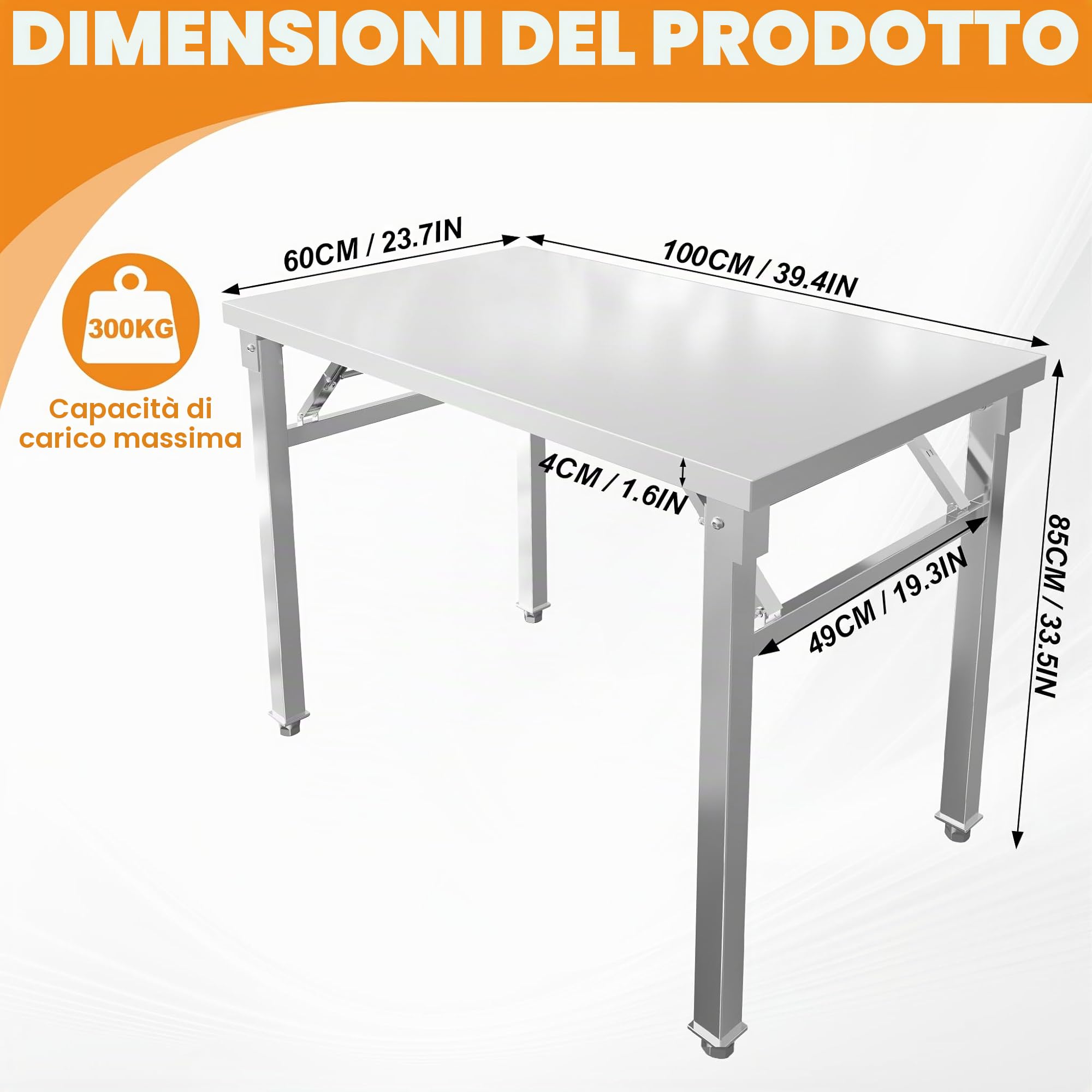 LZQ Tavolo da lavoro in acciaio inox, 60 x 100 x 85 cm, tavolo pieghevole con telaio stabile per cucina, bar, ristorante