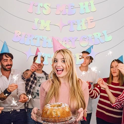 Miniatura 2 de Cartel con texto en inglés "It's Me Hi Im The Birthday Girl Its Me", pancarta de decoración de cumpleaños popular iridiscente con purpurina que no