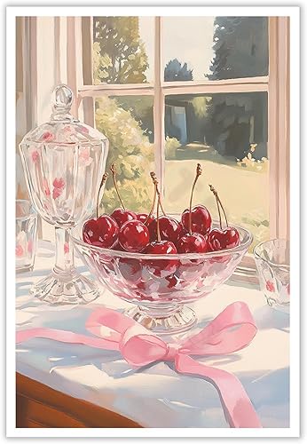ECUASMR Estampado de lazo cereza y rosa, pósteres de arte de pared de moda para decoración de habitación, acuarela retro vintage, arte de granja,