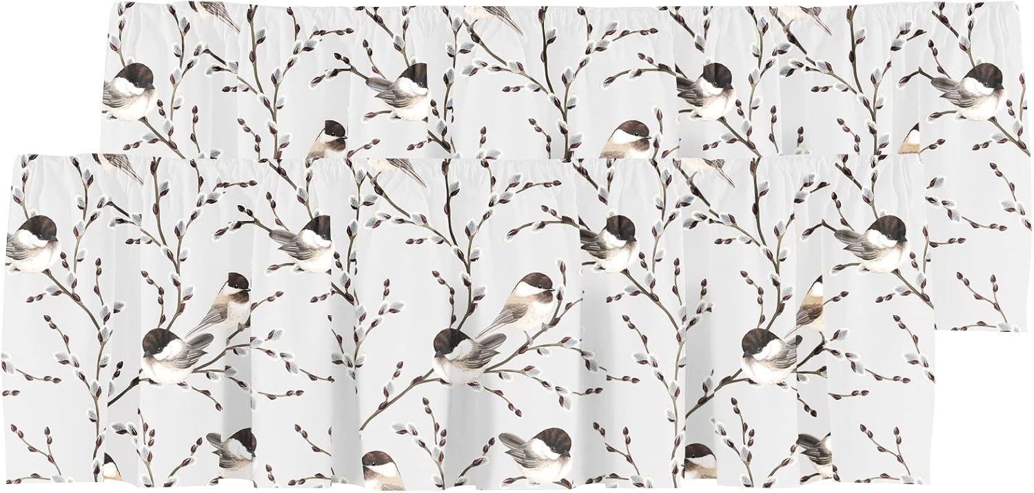 Healbrighting Blackout Branches and Birds Black Capped Chickadee Vintage Watercolor Rod Pocket Short Window Curtain Valance for Kitchen Bedroom Decor, 52" x 18", Light Grey and Black, 4 Panels
