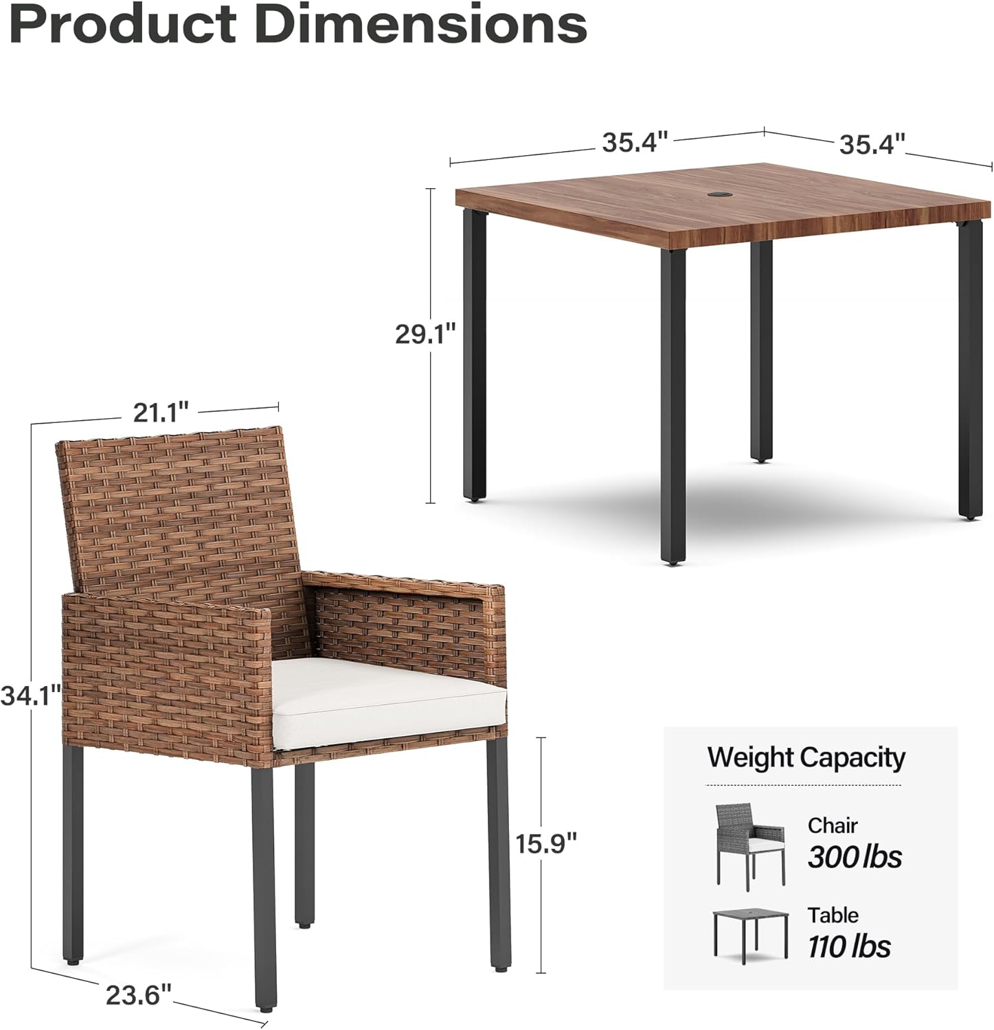 LAUSAINT HOME 5 Pieces Outdoor Wicker Rattan Furniture Set, All-Weather Patio Dining Set with Chairs Set of 4 and Wood Square Table with Umbrella Hole for Lawn, Patio, Garden, Backyard, Beige