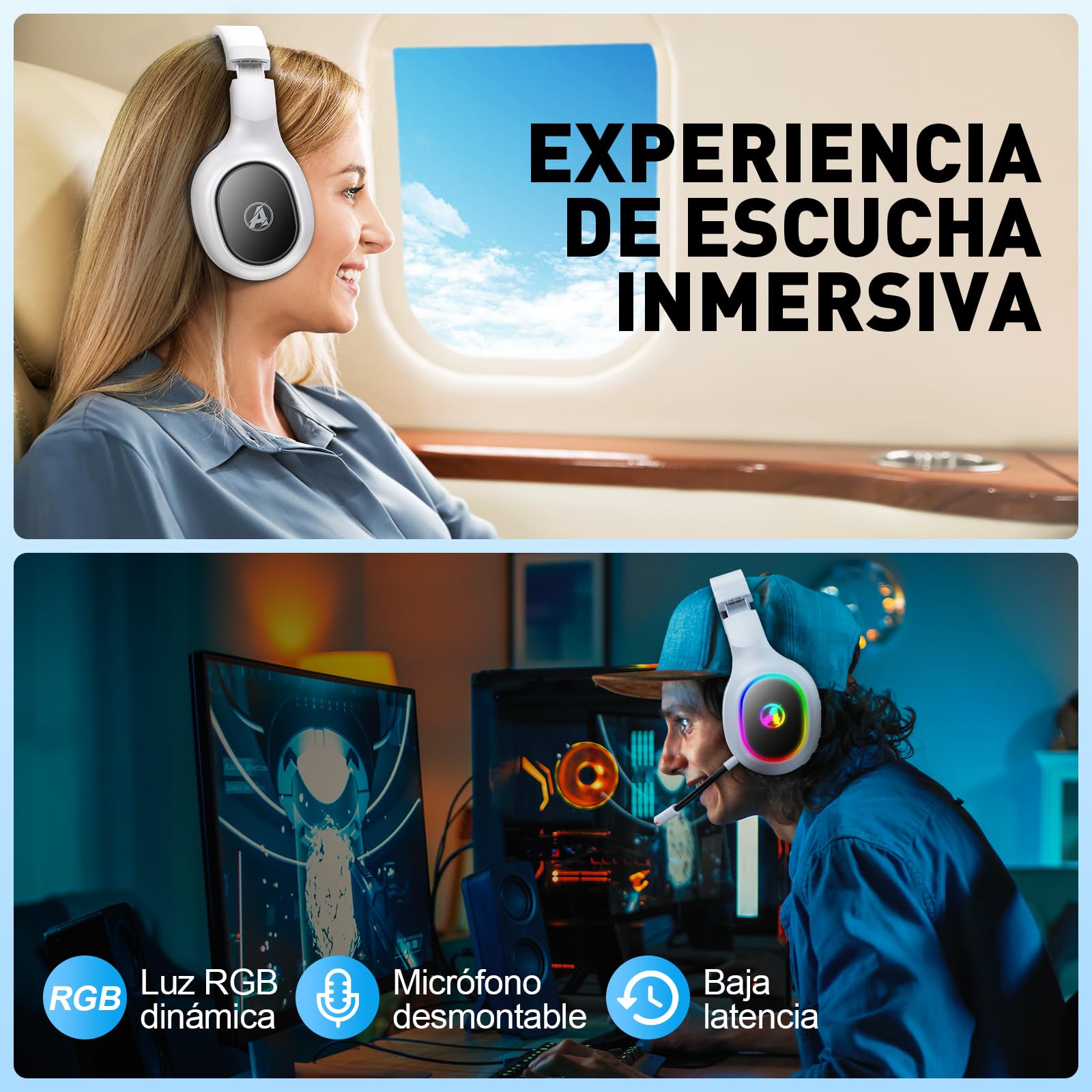 Cascos Gaming Inalambricos para PS4, PS5, PC, Mac, Switch, Auriculares Gaming Inalambricos con Cancelación de Ruido y Luz RGB, 2,4 GHz, Sonido Estéreo 7.1, Blanco