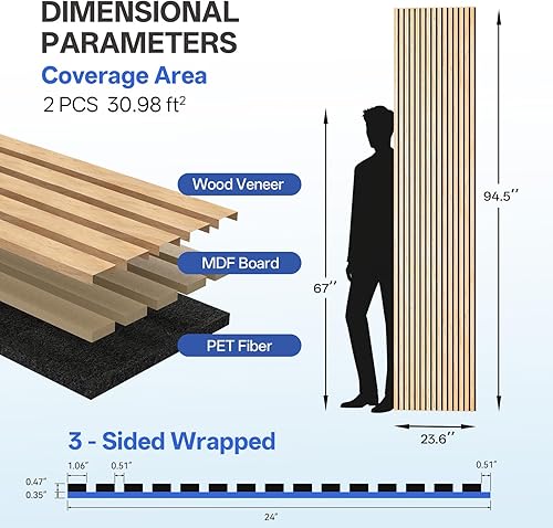 Miniatura 4 de PIWA Paneles acústicos de madera de 9 + 0.472 in, 94 x 24 pulgadas, superficie MDF de 0.47 pulgadas con núcleo absorbente de sonido de 0.394