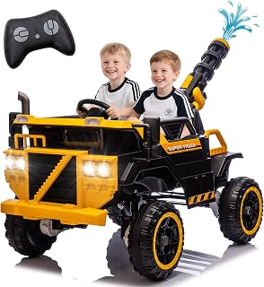 3 Seater Kids Ride on Truck with Water Gun, 24V Ride on Toys for Bigs Kids & Toddlers, Electric Car w/Parent Remote, Lights & Bluetooth, 3 Speed Adjustable Car Toys for 3+, Yellow