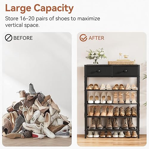 Miniatura 9 de Zapatero para entrada, organizador de zapatos de 5 niveles con 2 cajones no tejidos, estante de almacenamiento de metal para 16-20 pares de zapatos,