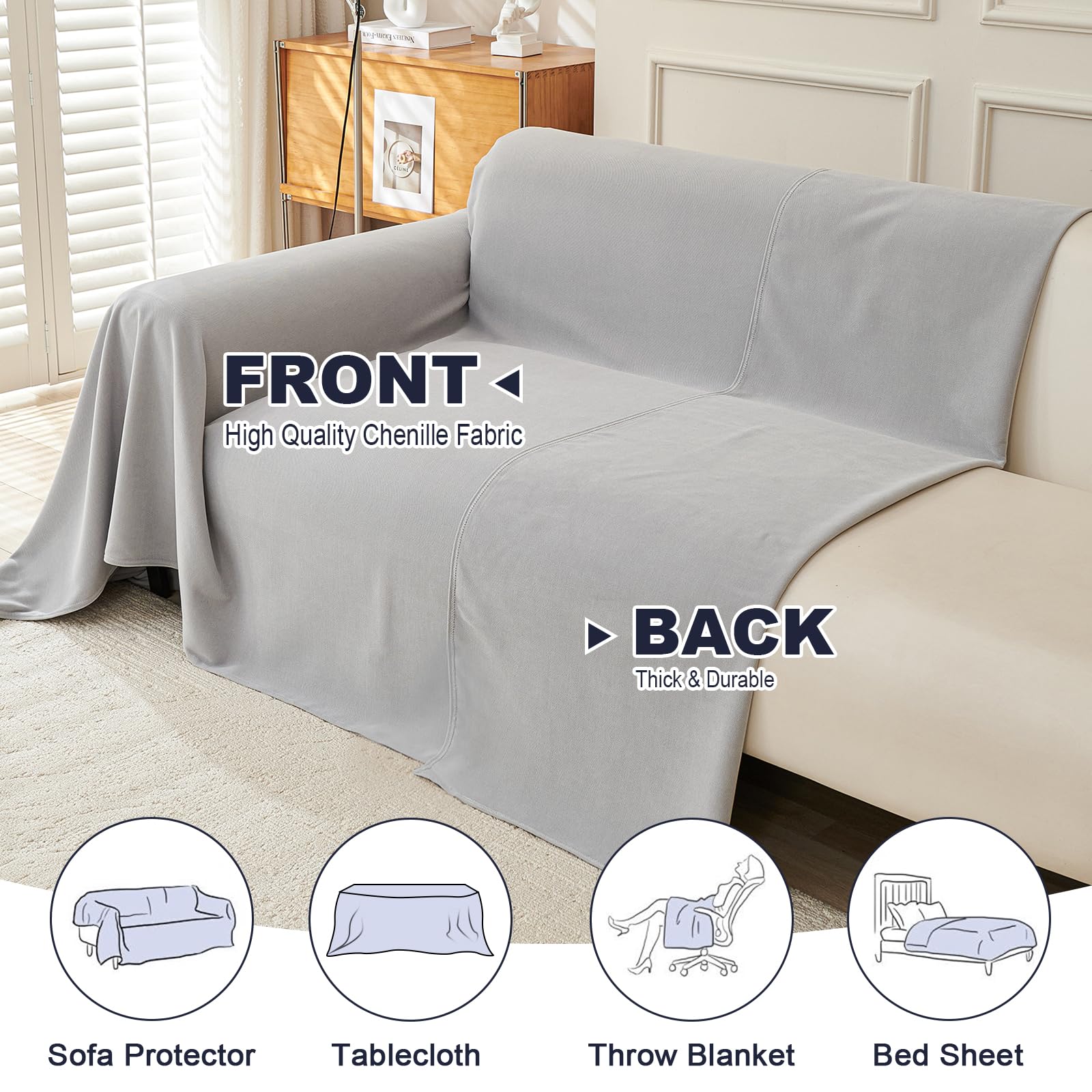 Royhom Sofa Überzug, Chenille Couch Überzug Ecksofa, Sofabezug L Form, Sofa Schutzdecke, Sofahusse mit Armlehne, Sofaüberwurf Decke Weich und Bequem, Hellgrau, 300x180 cm