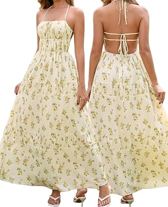 XinFSh Womens Summer Boho Floral Halter Flowy A Line Beach Maxi Dress