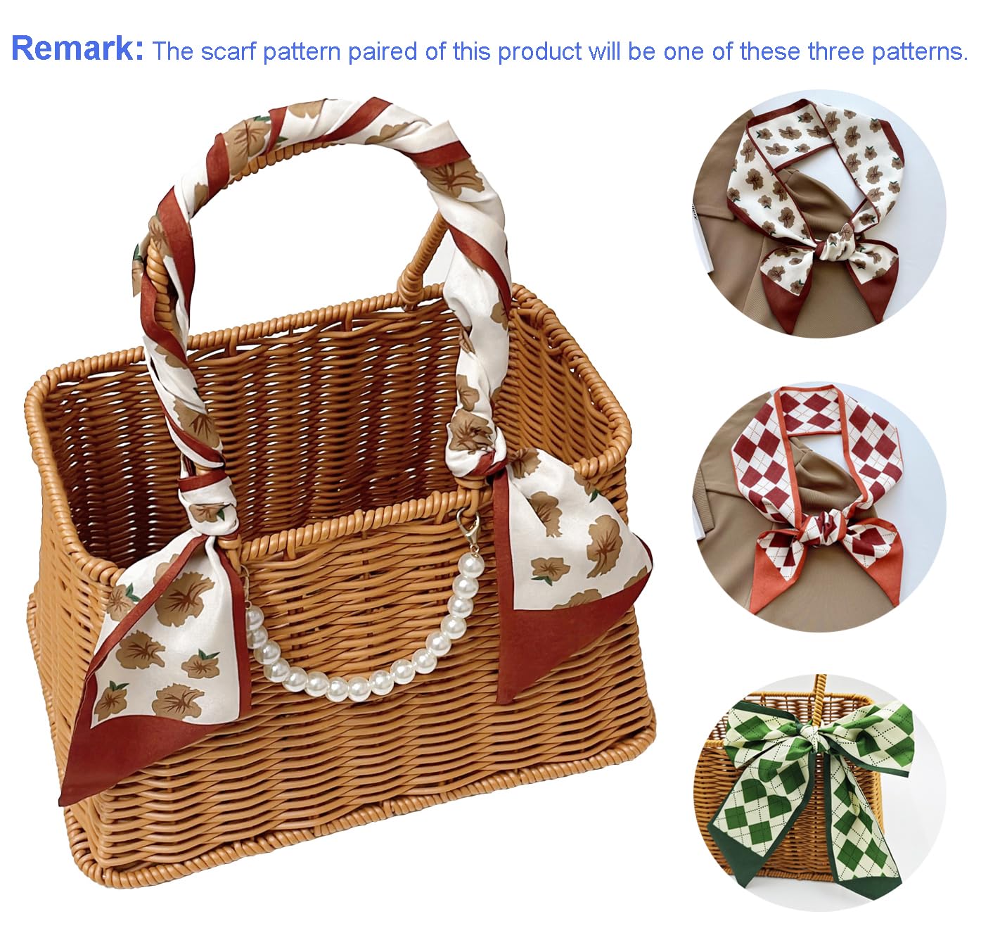 RT&BS Rattan-Stil gewebter Korb - Eleganter handgewebter Blumenkorb, Osterkörbe mit Griff, Geschenkkörbe für Heimdekoration, Hochzeit, Picknick, Party (Schal & Perlendekoration)