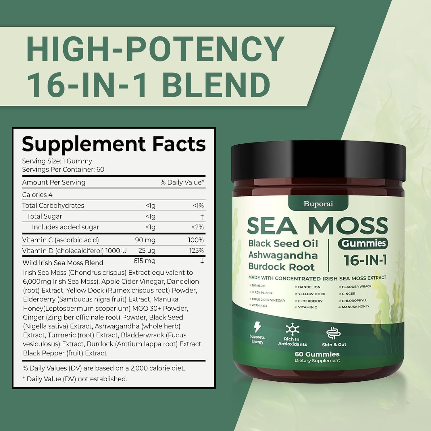 Sea Moss Gummies 16-in-1, Black Seed Oil Ashwagandha Turmeric Bladder Wrack Vitamin C Vitamin D3 Elderberry Manuka Dandelion Yellow Dock Apple Cider Vinegar for Men & Women — Amazon image 4