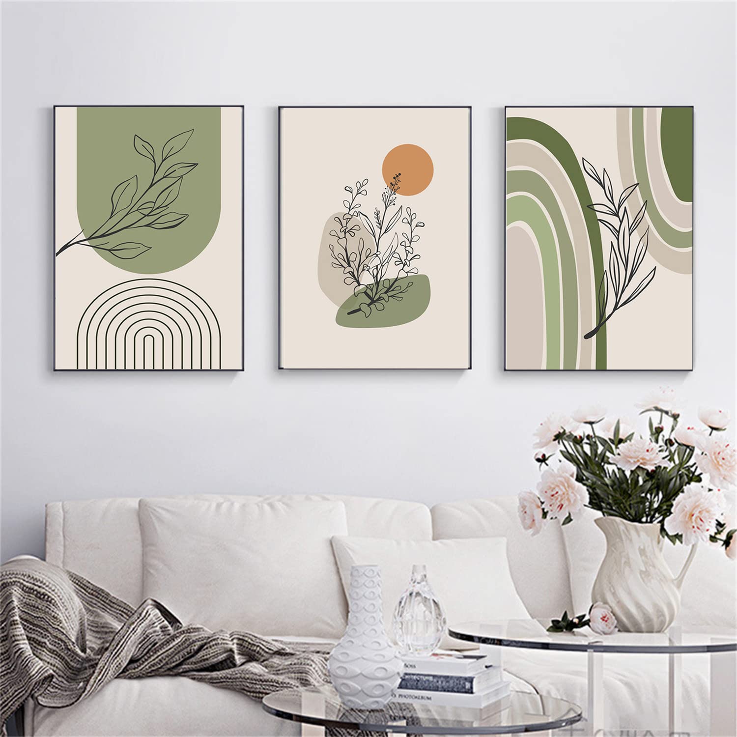 Impression moderne feuilles vertes GLWDME triptyque encadré haute finition
