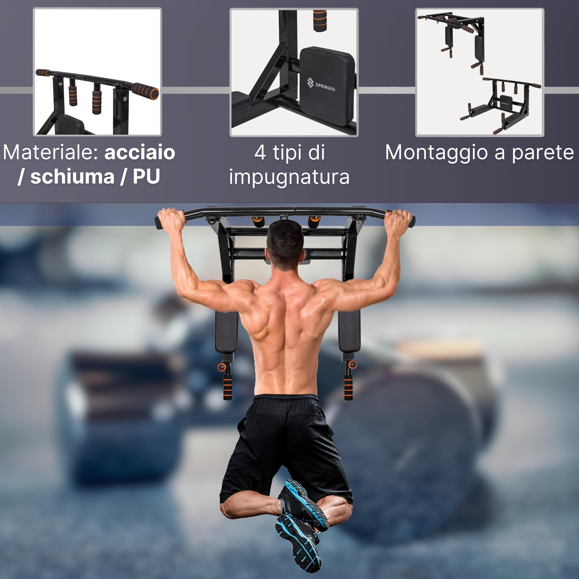 SPRINGOS Barra per trazioni a parete 3 in 1 + barra per dip + schienale in acciaio barra per dip barra per pull up allenamento forza bodybuilding