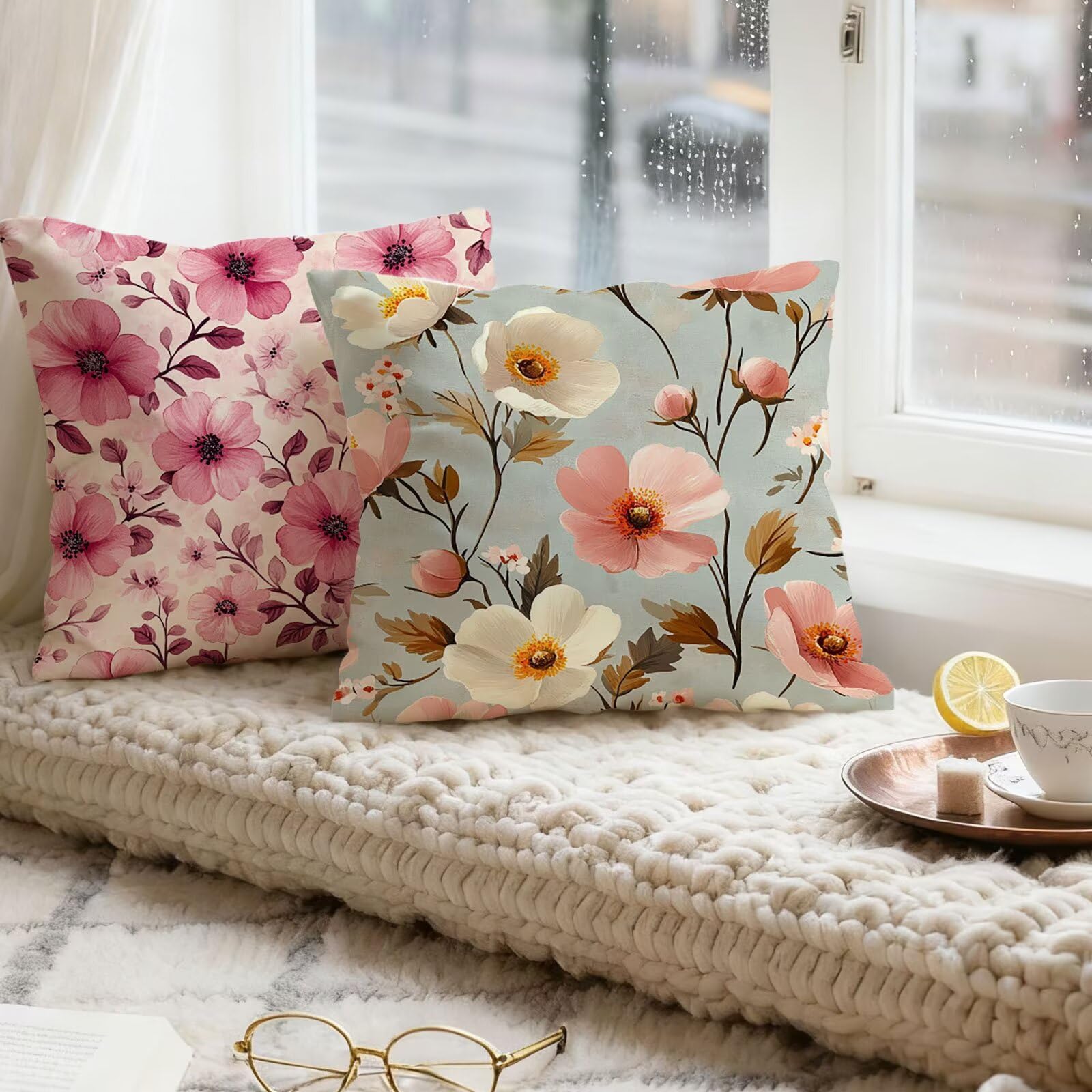 Rose Housse Coussin 60x60 Fleur Taie Oreiller 60x60 Lot de 4 Super Doux Protege Oreiller 60 x 60 Decoration Automne Taie D'oreiller Carrées Coussin Canape, pour Maison Chambre Canapé Chaise E - 943