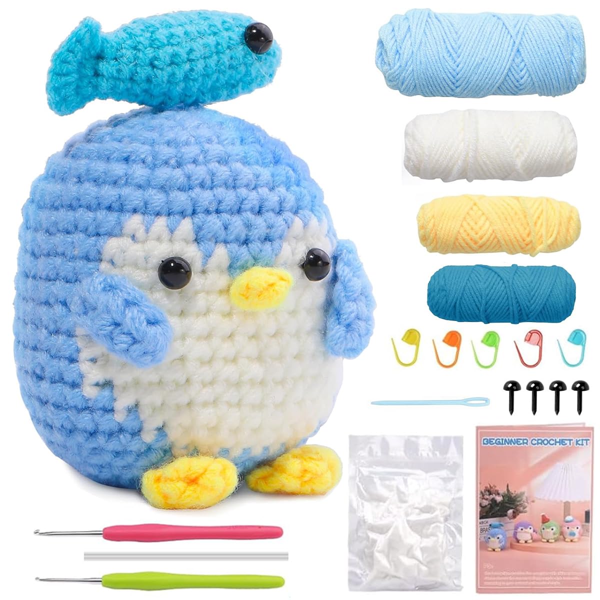 PATPAT Cute Stuffed Penguin Crochet Toy Material Kit Beginner-Friendly Crochet Kit with Crochet Needles, Yarns, Instruction, DIY Kit for Adult Crochet Toys Gift Birthday Gift Car Interior Decor, Black