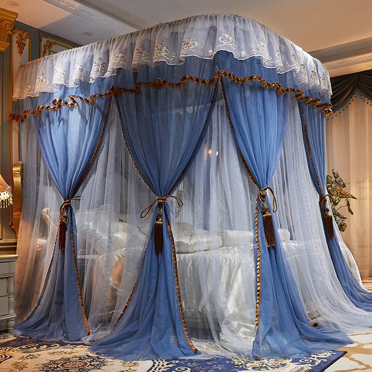 Moustiquaire baldaquin pour grand lit : rideaux coulissants bleu gris