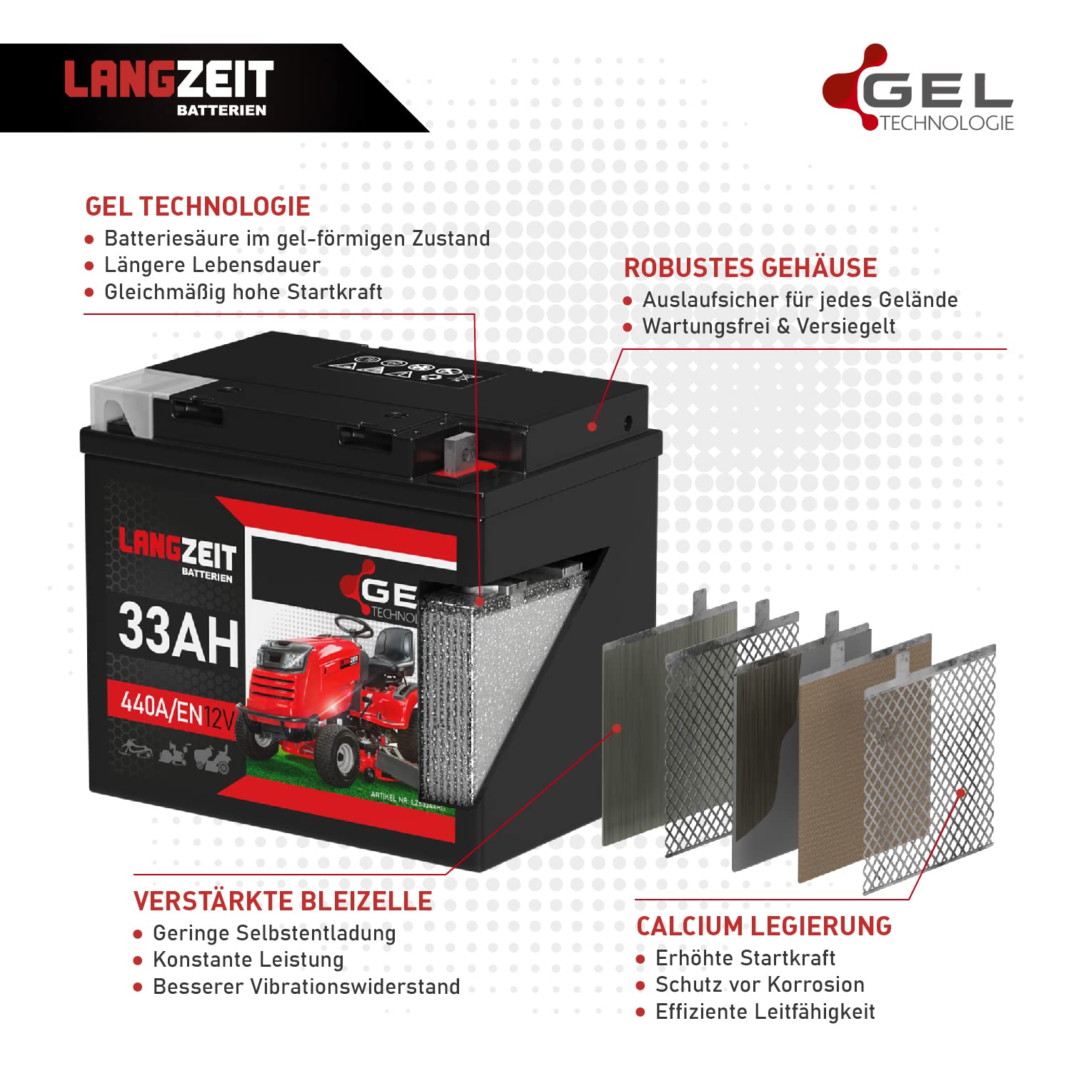Langzeit Rasentraktor Batterie 12V 33Ah GEL Batterie Starterbatterie Aufsitzmäher Rasenmäher statt 26Ah 28Ah 30Ah 32Ah 35Ah