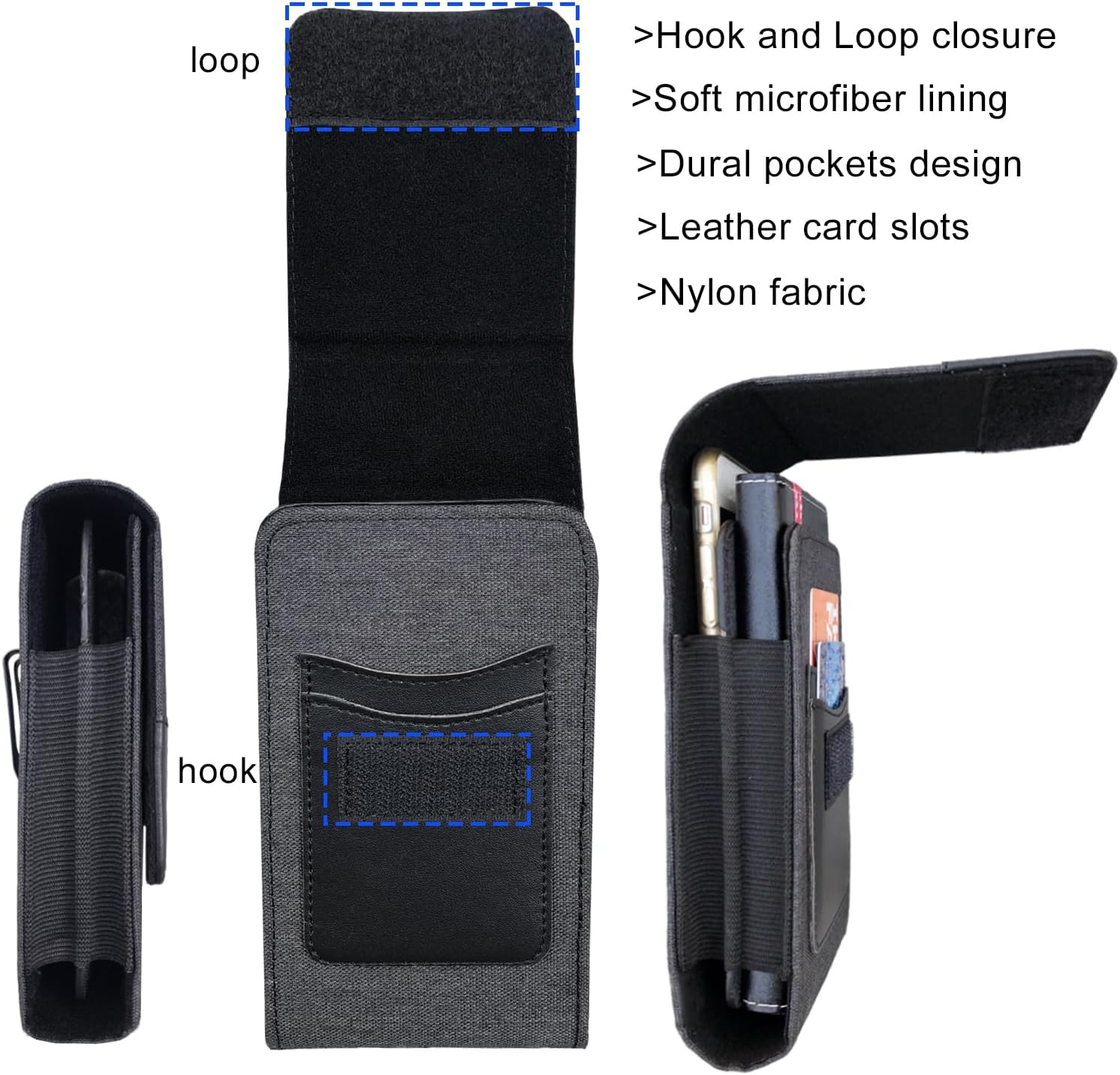 One Case Two Phones, Dual Phone Holster Pouch with Belt Clip, Hook and Loop Closure for iPhone 16 15 14 13 12 Pro Max, Moto G15,Edge 50,Galaxy Note 20 Ultra, S25 Ultra S24+A56-Black - Image 3