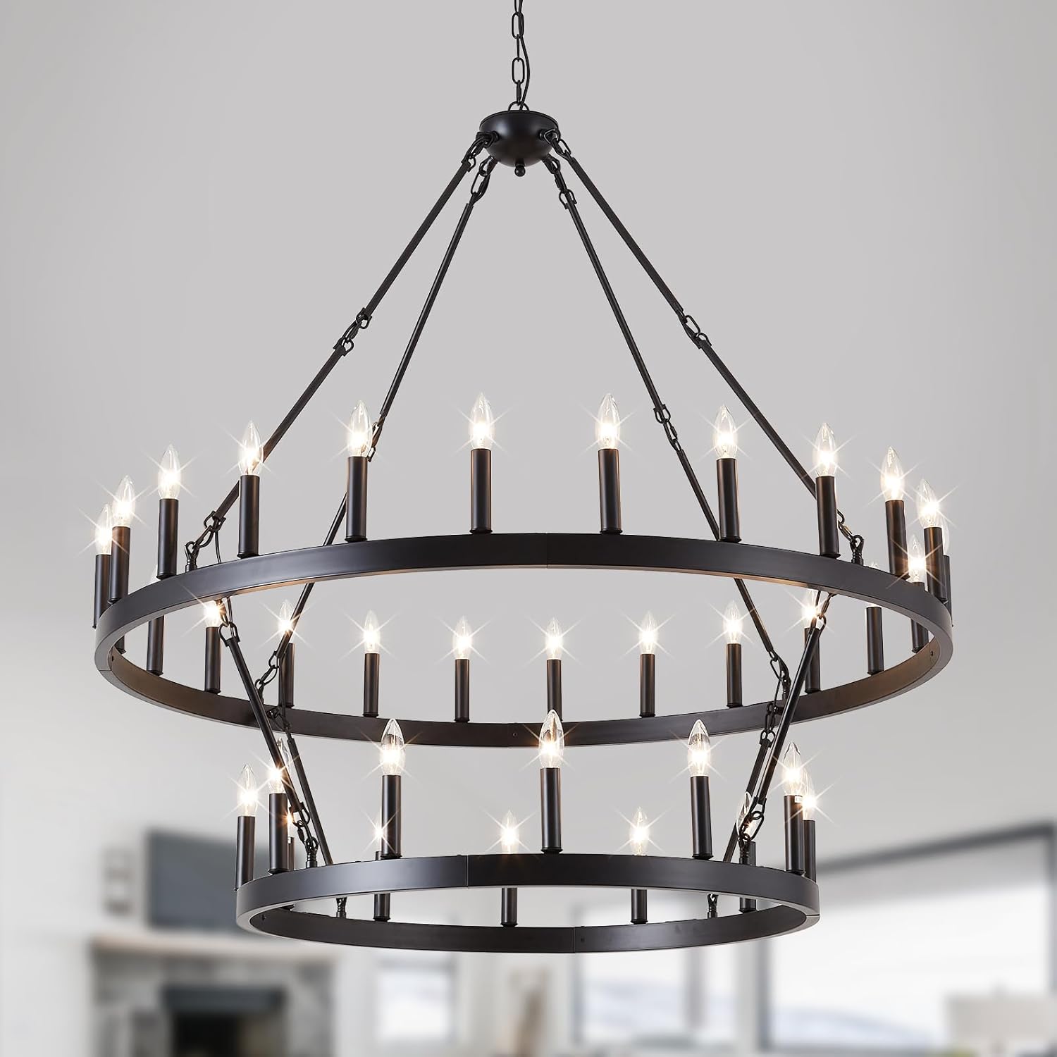 Black Wagon Wheel Chandelier 2 Tier 36-Light, 48-Inch Large Farmhouse Industrial Chandelier Round Rustic Pendant Light Fixture for High Ceilings Foyer, Entryway, Dining Room, E12