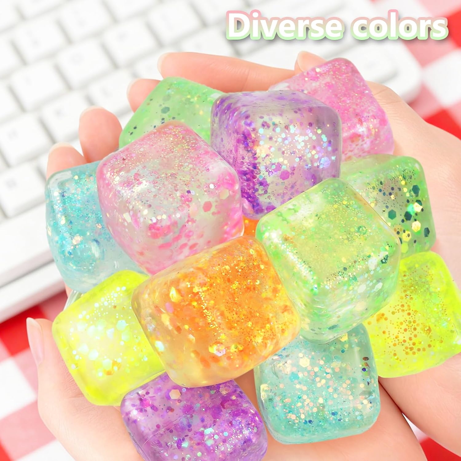 24 Pcs Stress Balls Squeeze Fidgets, Ice Cube Squeeze Sensory Relief, Summer Stress Relief Birthdays Gifts for Adults