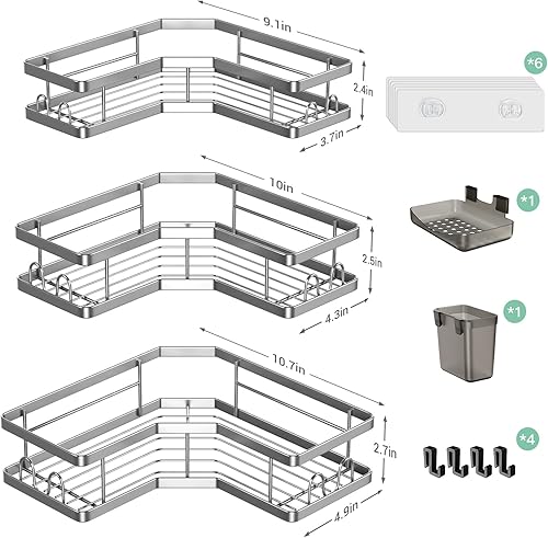 Miniatura 6 de Organizador de baño esquinero para ducha estantes adhesivos para bañera - Paquete de 3 estantes de ducha sin perforación para ducha interior -