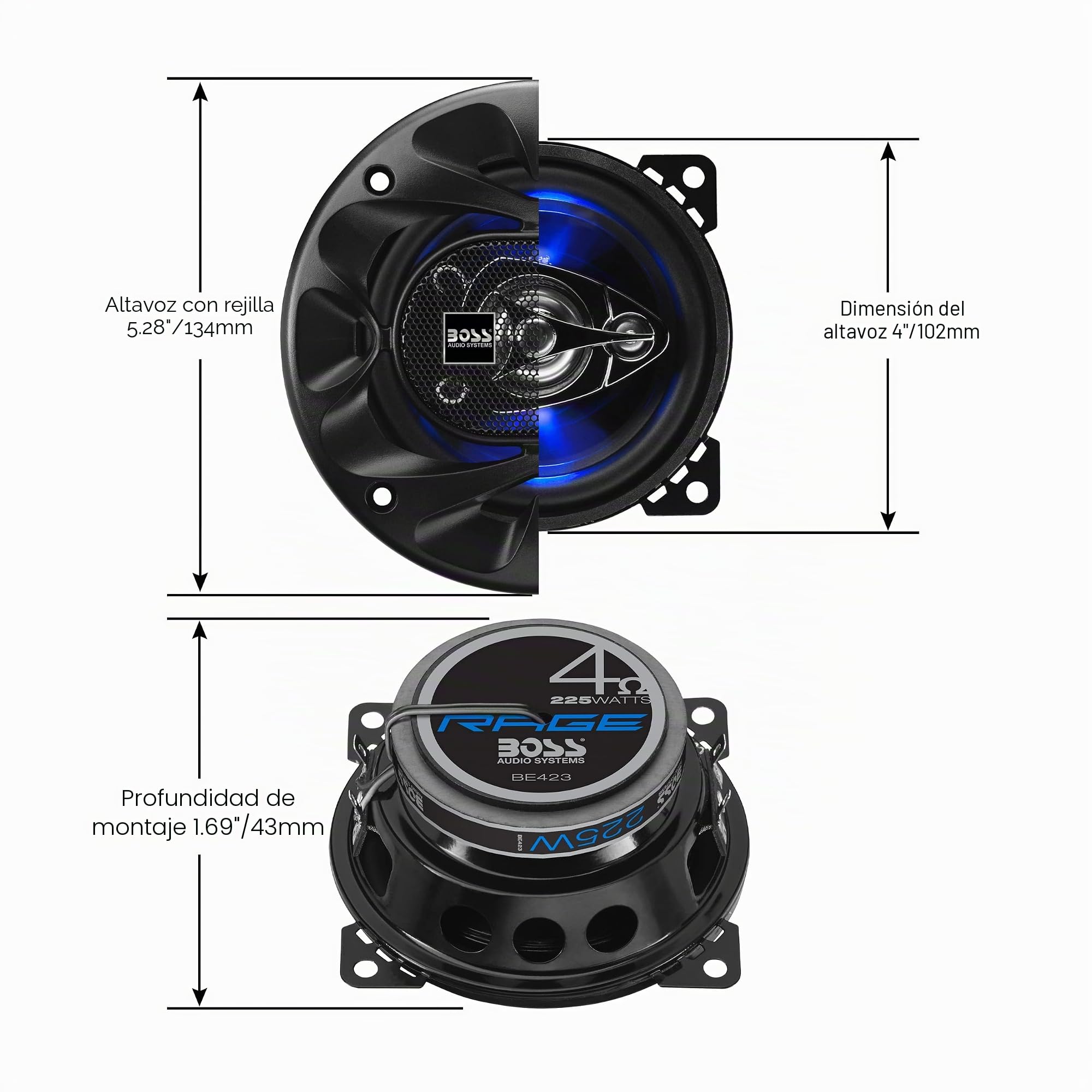 Boss Audio Systems Rage 4" 3-way 225W Full Range Speaker De 3 vías 225W altavoz audio - Altavoces para coche (De 3 vías, 225 W, 4 Ω, 90 dB, 100 - 18000 Hz, 1,75 cm)