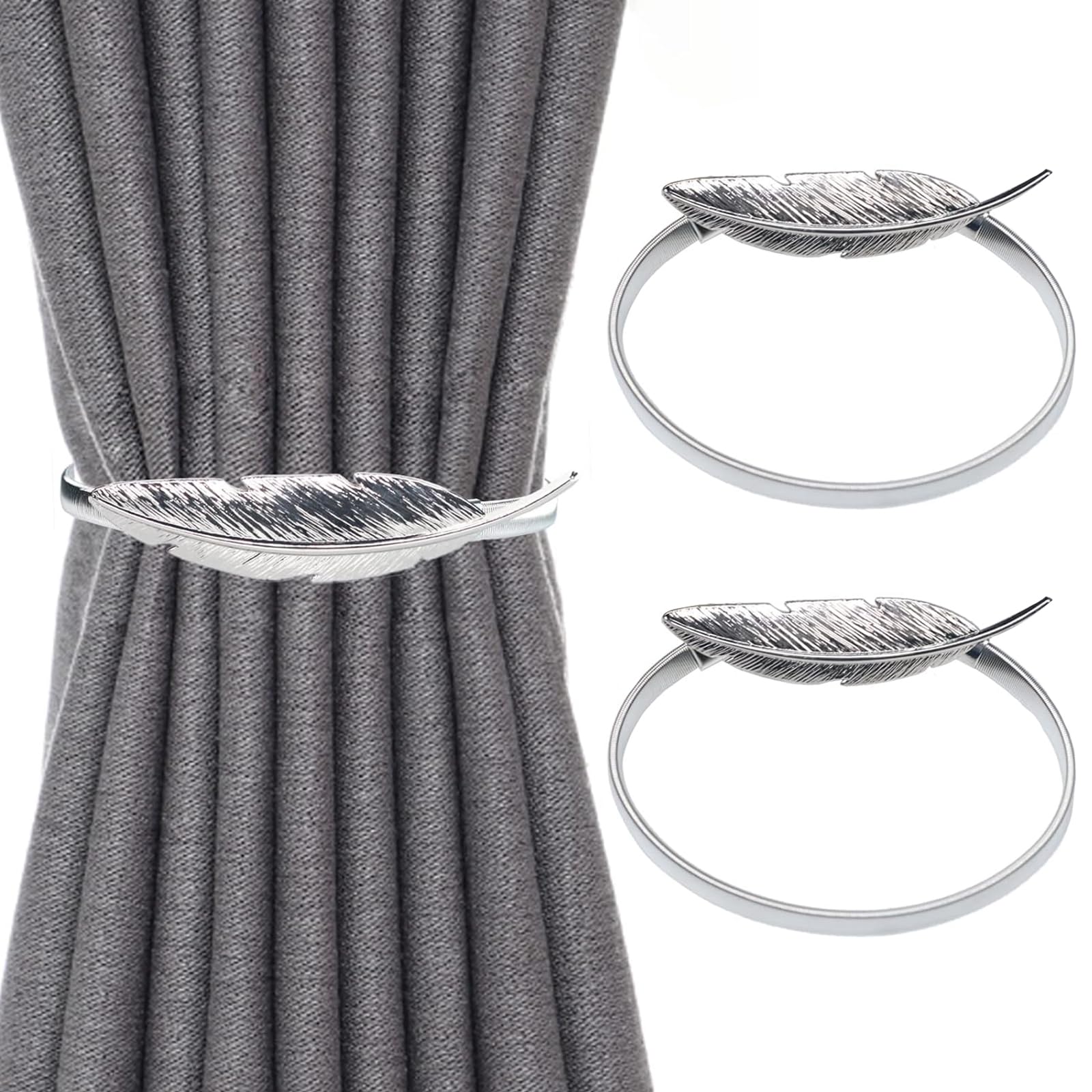 TAORANJU Curtain Tiebacks, 2 Pack Silver Feather Curtain Holdbacks Alloy Spring Buckle Window Ties Adjustable Curtain Buckle Decor for Home Office Window Decoration