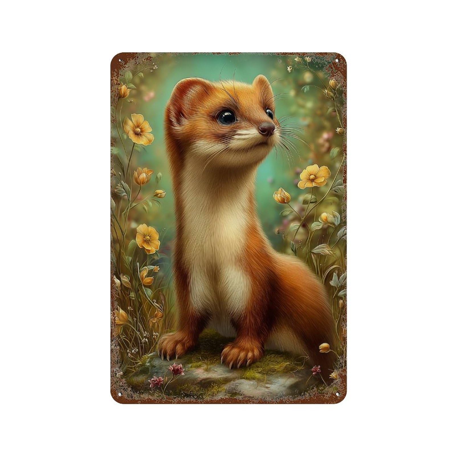 Rust Effect Cute Weasel in Floral Meadow Rusty Metal Tin Sign 11.8"x7.9", Farmhouse Wall Decor for Shed, Workshop And Garage Wall Decor