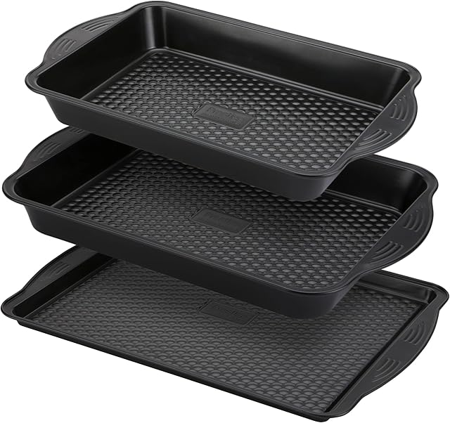 PRESTIGE Aerolift Baking Trays for Oven Non Stick Set of 3 - Dishwasher Safe Oven Trays Set with Extra Large Handles, Durable Carbon Steel Roasting Tins with 5 Year Guarantee, Black