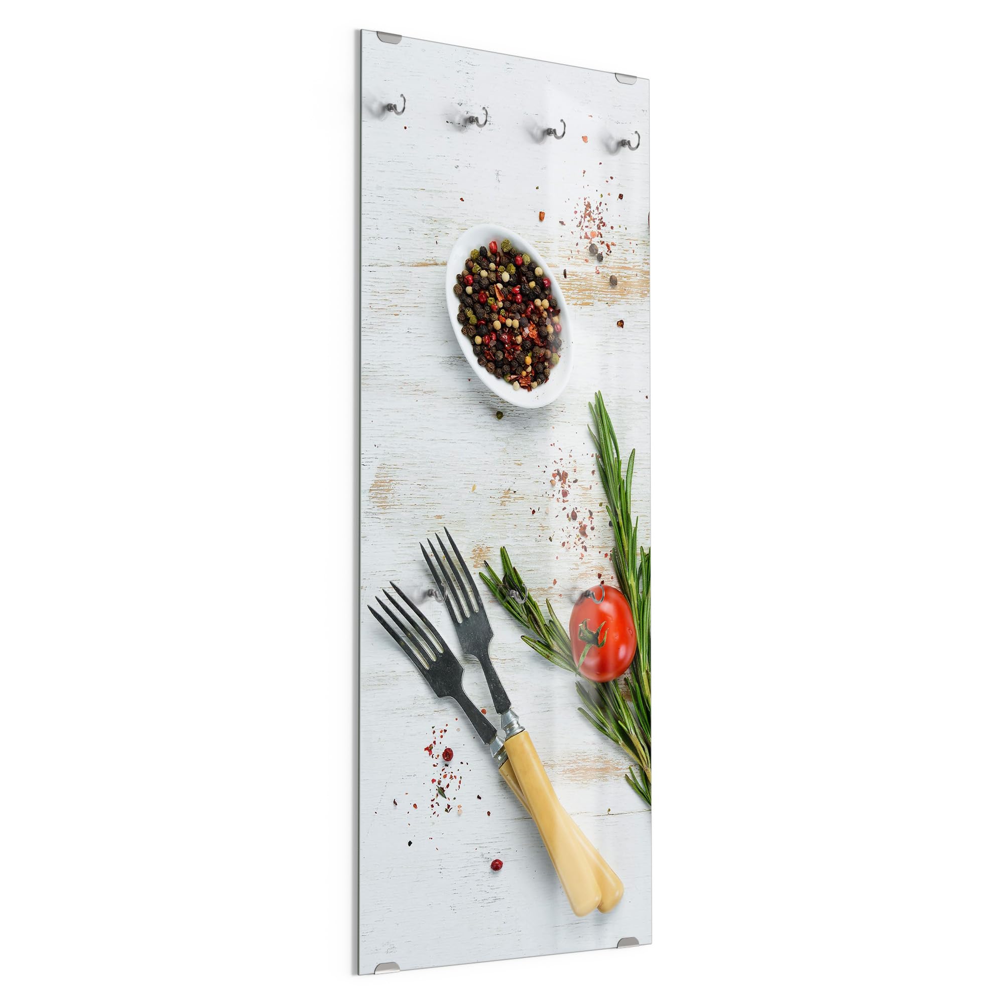 DEQORI Kleiderhaken aus Glas mit Motivdruck | Design vertikal, 50x125 cm | Motiv Küchenkräuter und Gewürze | ESG-Sicherheitsglas mit 7 Haken – beschreibbar & montagefreundlich – pflegeleicht