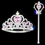 2PCS Light Up Princess Crown and Wands, Princess Dress Up Accessories for Little Girls Christmas Birthday Cosplay