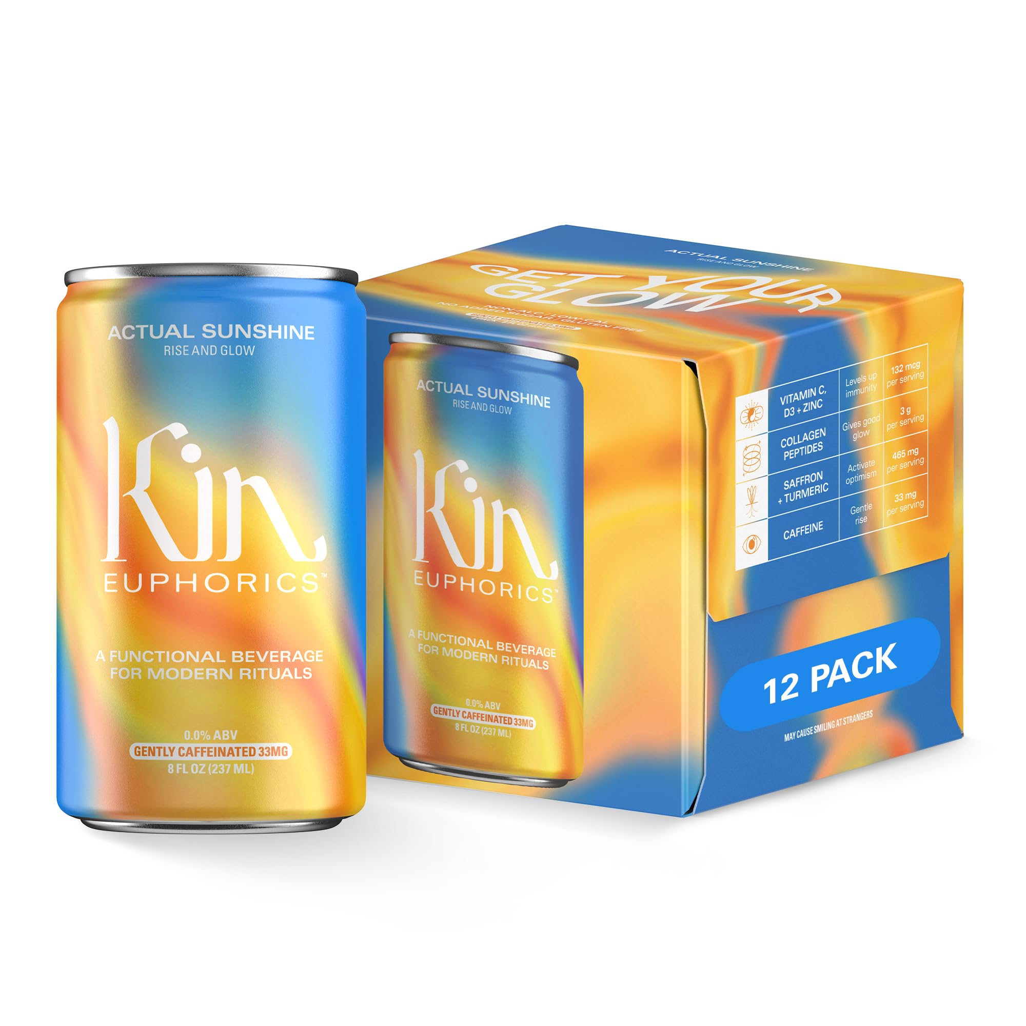 Kin Euphorics Actual Sunshine Non-Alcoholic Functional Beverage | Rise and Glow from Within | Immunity + Beauty Booster | Adaptogens, Nootropics | 8 FL Oz, 12PK