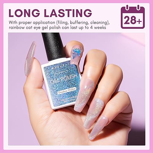 Miniatura 6 de Makartt Esmalte de uñas de gel Rainbow Cat Eye purpurina universal 9D holográfica brillante Soak Off Gel UVLED Manicura con barra magnética para