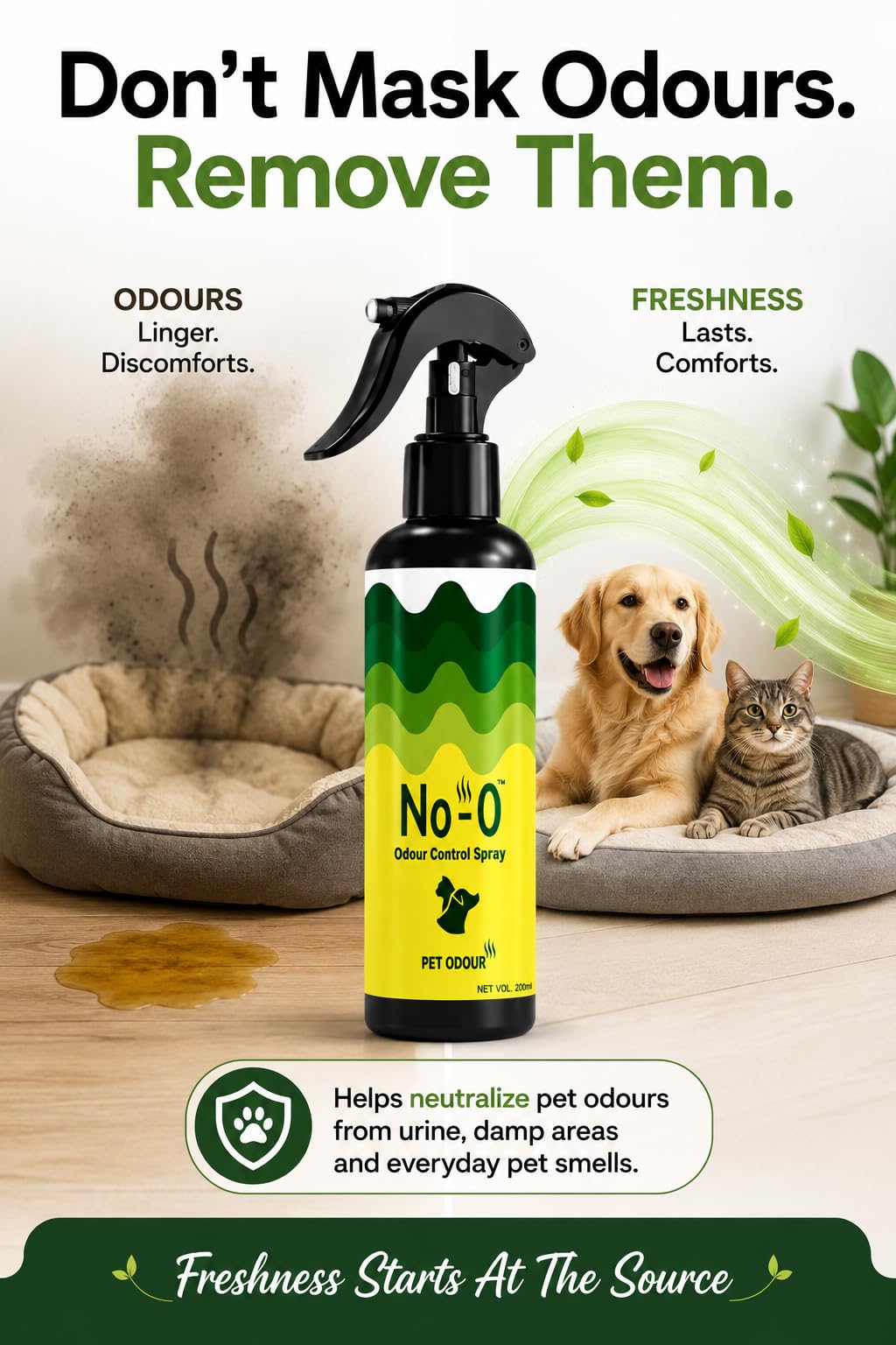 VetSafe No-O Odour Control Spray Pet Area Freshener Pet Odour Eliminator Urine And Bad Smell Remover(500 Ml, Refill Pack)