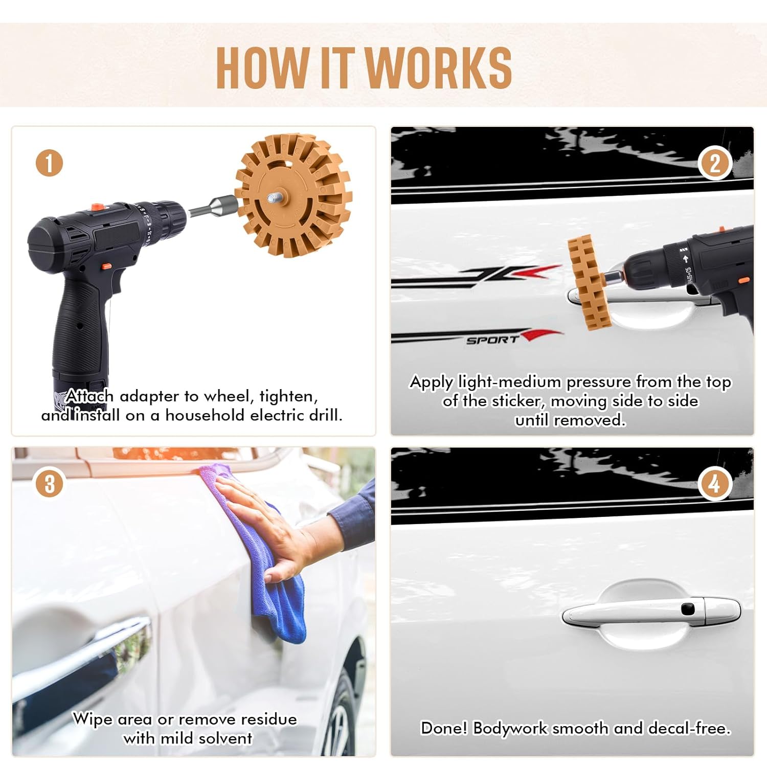 Chunful 8 Pcs 4 Inch Decal Remover Eraser Wheel Tool Kit Gear Adhesive Remover Tool with Drill Mandrel Adapter Decal Wheel for Vinyl Wrap Stickers Tape Residue for DIY Auto Garage Projects