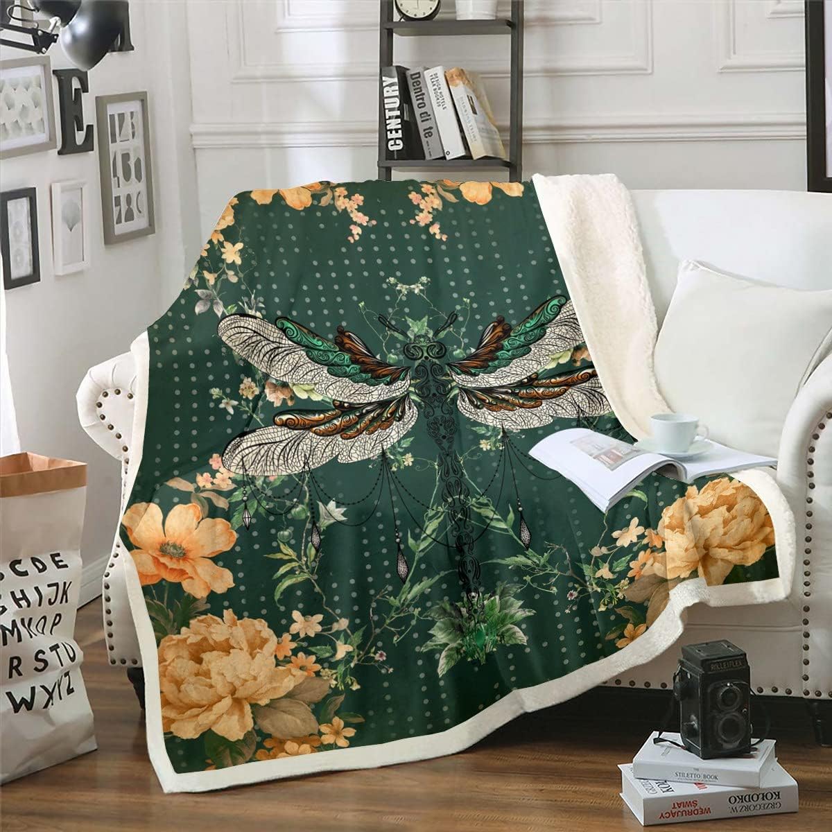 Dragonflies Blanket Flowers Throw Blanket Dragonfly Decor,Green Leaves Fleece