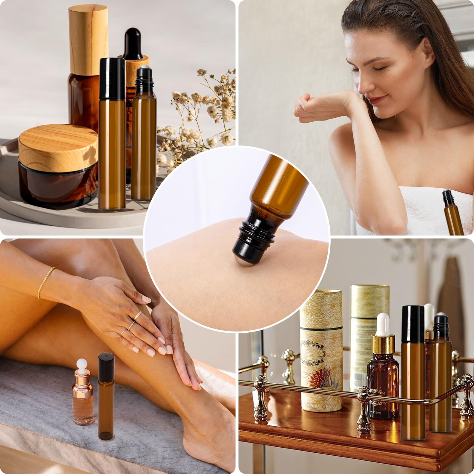 Carehabi Lot de 12 Flacon à Bille Verre pour Huile Essentielle, 10ml Flacons Roll on vides Rechargeable Marron Transparent Bouteille avec pipette pour Huiles Parfumé, Cosmétique, Massage