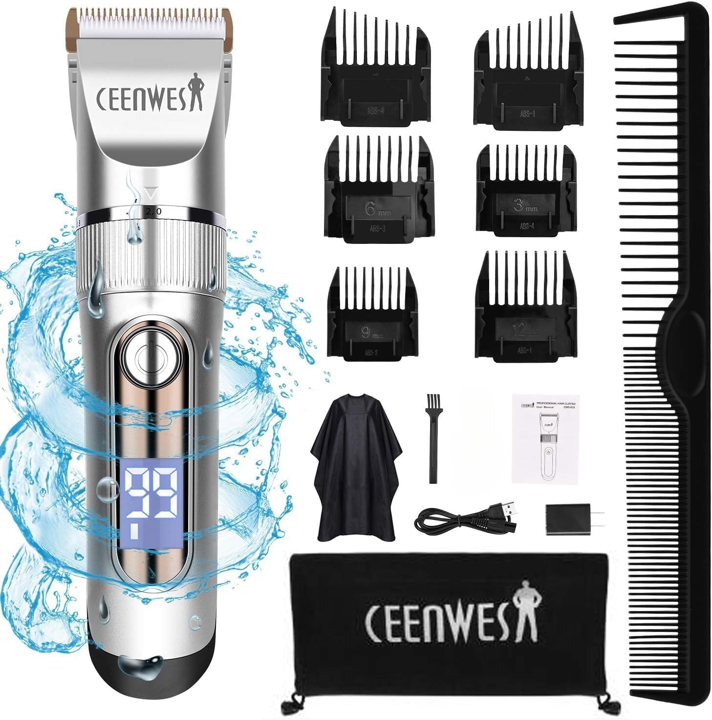 Professional Cordless Hair Clippers with LED Display