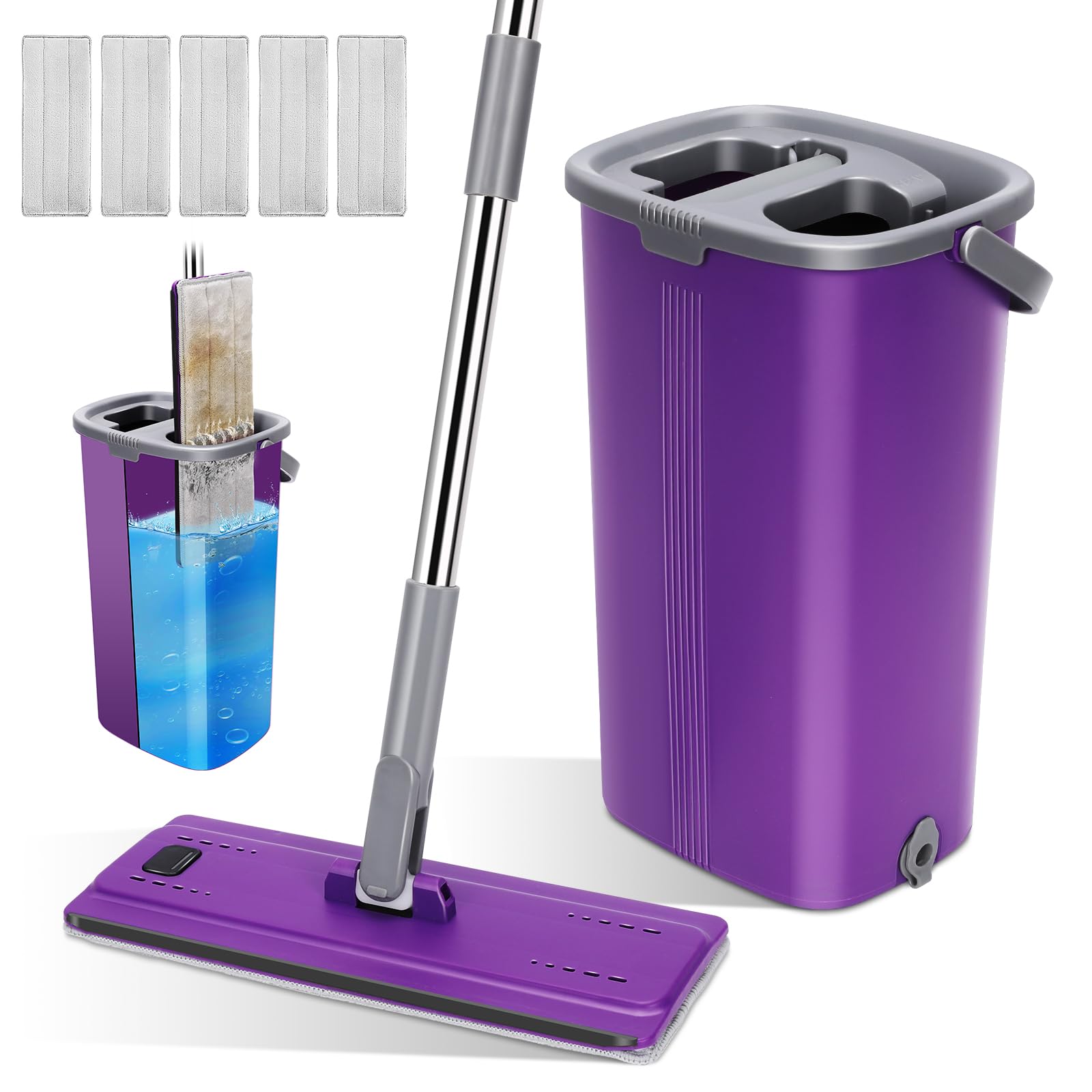 HEVOL Balai Serpillère Essoreur avec Seau, Balai Serpillère Autonettoyante avec 5 Tampons Réutilisables, Balai Plat Microfibre Rotative 360° pour Nettoyer Sol, Violet