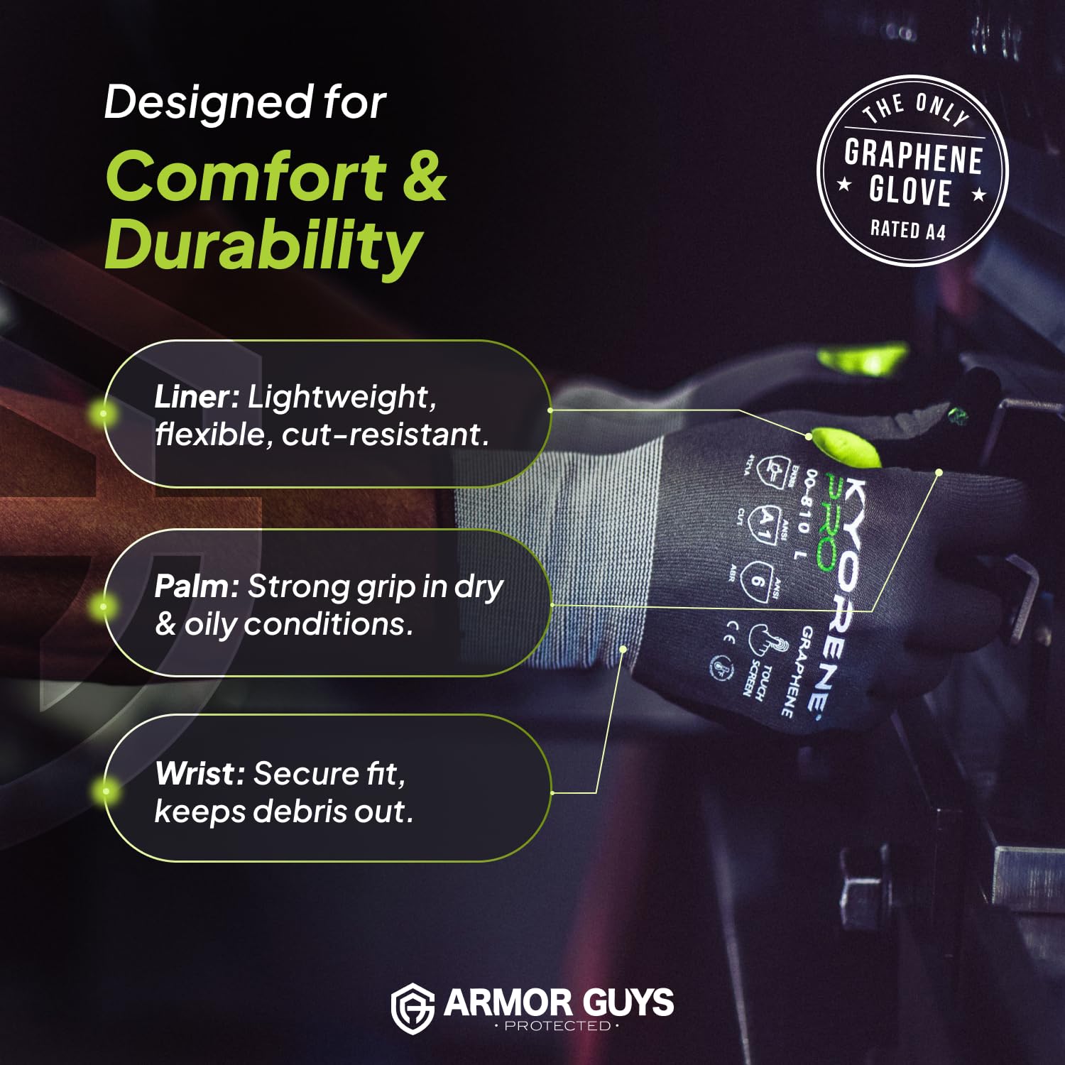 Armor Guys Kyorene Pro 00-810 - Guantes de trabajo de grafeno, protectores resistentes a los cortes con revestimiento de palma de nitrilo de microespuma, talla XL, paquete de 3