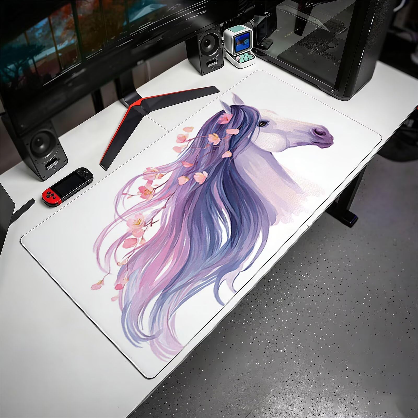 Tappetino Mouse XXL, 70x140cmx3mm Mouse Pad Impermeabile Grand, Gaming Tappetino Per Mouse, Base Antiscivolo in Gomma, Accessori Scrivania, Ufficio Accessori, Cavallo Bianco Capelli Lunghi JX6B-821