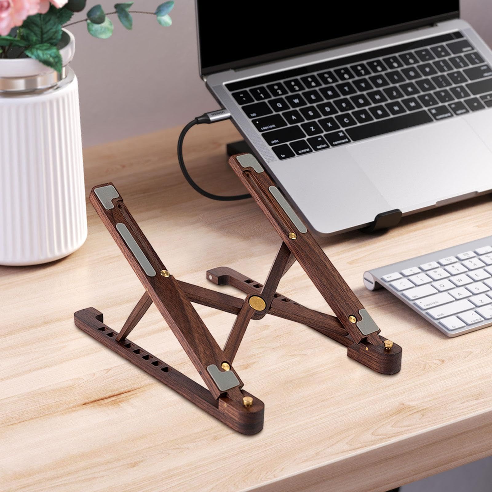 Supporto Pieghevole per Laptop, Supporto per Laptop Regolabile in Altezza, Antiscivolo, in Legno, per Computer Tablet, Notebook, Scrivania, Lavoro, Marrone scuro