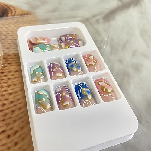 Miniatura 5 de Uñas postizas a presión coloridas cuadradas de longitud media, 24 unidades, cobertura completa, reutilizables, brillantes, con lámina dorada y