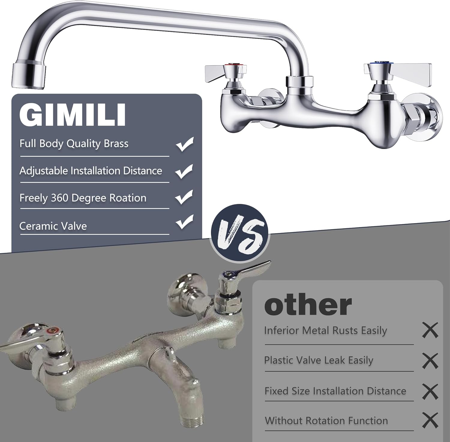 GIMILI Commercial Sink Faucet with 12” Swivel Spout Polish Chrome Utility Sink Faucet for Kitchen, Laundry, Restaurant, Industrial, Compartment Sink