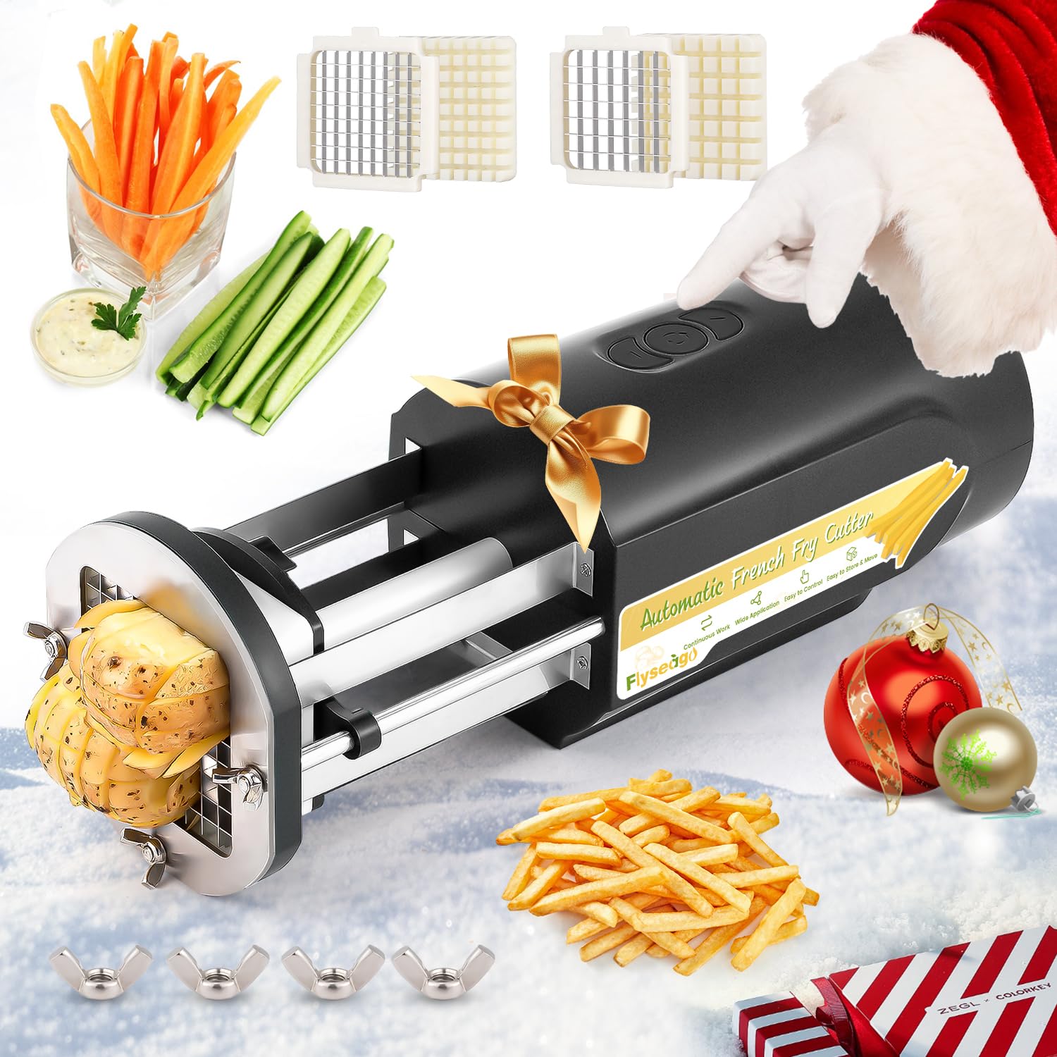 Electric French Fry Cutter Automatic Potato Cutter Machine Commercial French Fry Maker Cutter Household with 1/2 & 3/8 Inch Stainless Steel Blades&Tray for Cucumbers, Carrots (Black)