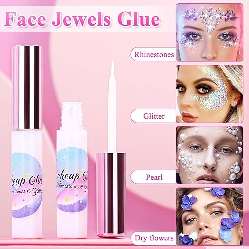 Face Makeup Glue for Rhinestones, Shynek Cosmetic Face Glitter Glue Long Lasting Waterproof Face Glue Adhesive for Eye Jewels Face Gems Rhinestone Chunky Body Glitter(2)