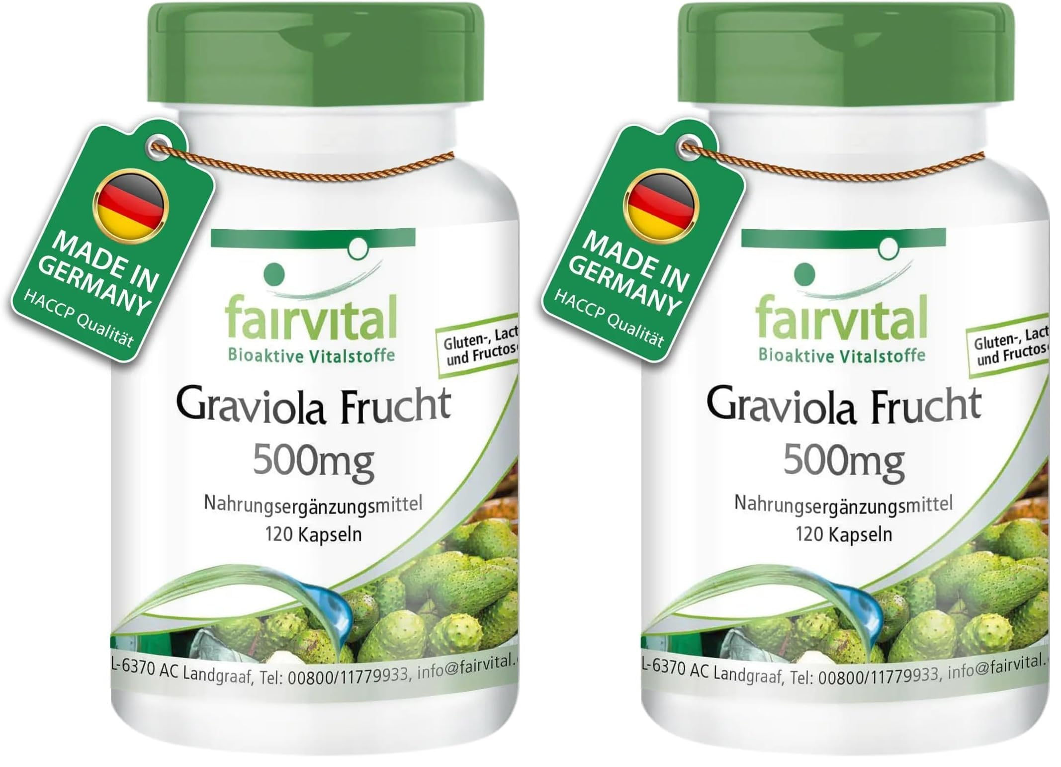 fairvital Graviola Frucht Kapseln 500mg, 120 Kapseln, HOCHDOSIERT, VEGAN (Packung mit 2)