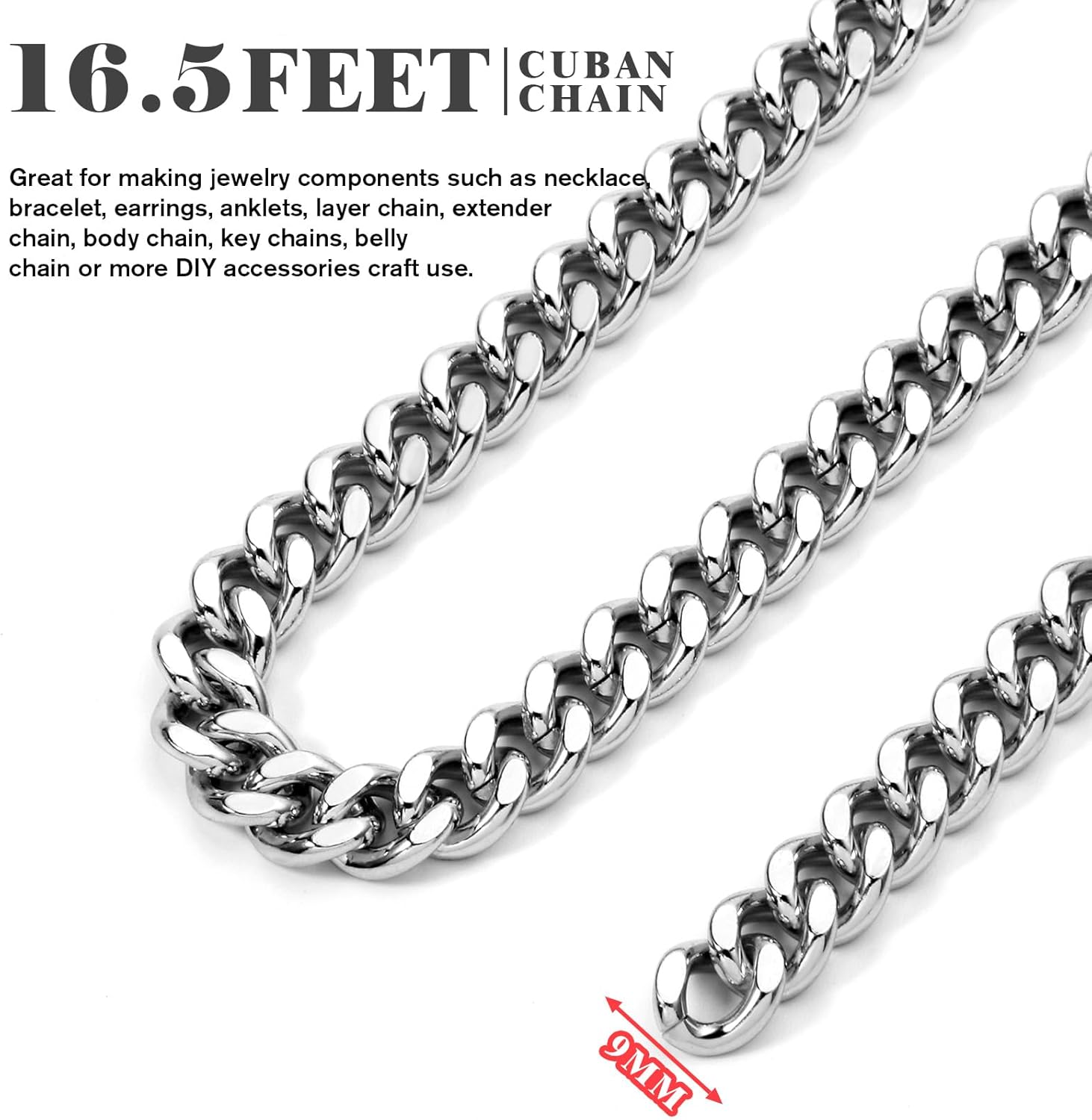 16.5 Feet Stainless Steel Cuban Chains Roll, 9mm Width Chunky Curb Link Chains Spool Bulk for Jewelry Meking - Image 5